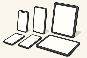 Isometric devices mockup with mobile phones and tablets. Vector cartoon illustration template with various screen sizes for UI/UX design presentation and app marketing.