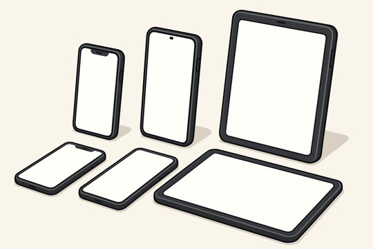 Isometric devices mockup with mobile phones and tablets. Vector cartoon illustration template with various screen sizes for UI/UX design presentation and app marketing.