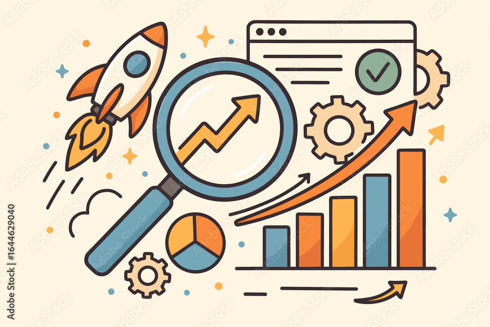 Aufkleber seo analytics for business growth. search engine optimization concept. marketing strategy with rocke