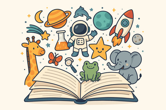 Science book vector illustration. Open book with space and animal elements. Fun learning and education concept. Cartoon astronaut, rocket, planet, giraffe, elephant, frog.