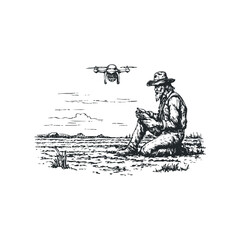 Man in cowboy attire controlling a drone in an open field with distant hills