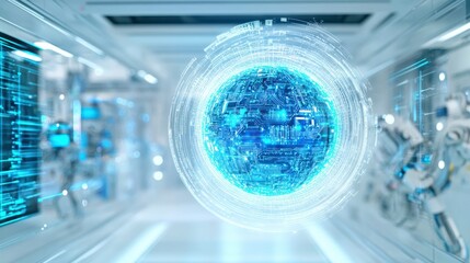 Glowing circuit board globe in modern technological facility