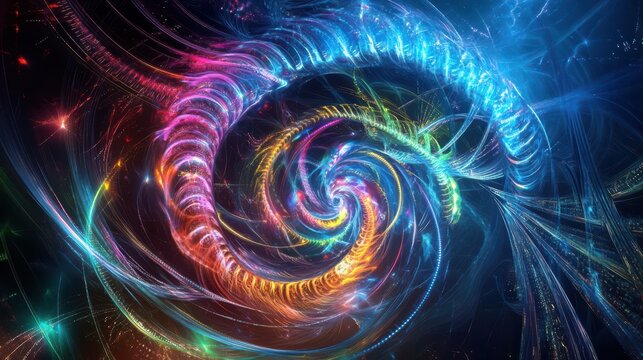 Energetic abstract light trails swirling in digital nightscape