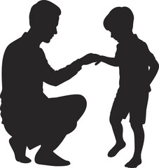 Silhouette of adult kneeling, holding child’s hand, emotional bonding, family connection, nurturing care, guidance, support, love, interaction, trust.