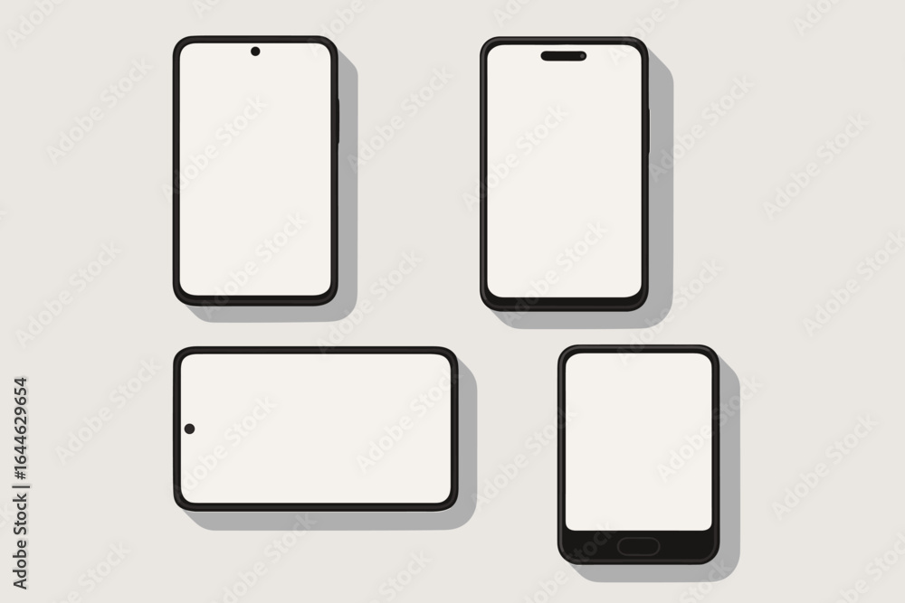 Poster vector mobile phone mockup collection. set of various unbranded smartphones with blank screens. flat