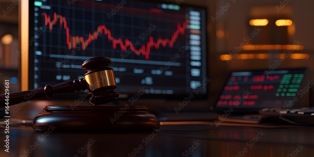 Poster realistic stock photo of a gavel on a desk with a trading chart background
