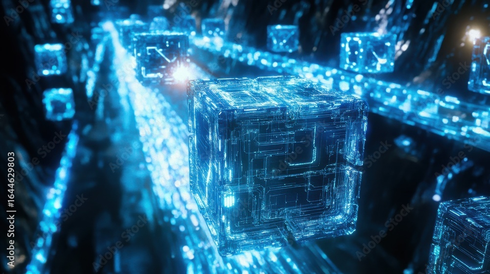 Poster glowing cubes in dark digital environment with data transfer