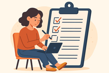 Task management concept. Woman with laptop works on giant checklist. Goal setting, project planning, productivity, survey, to-do list. Business organization vector illustration.