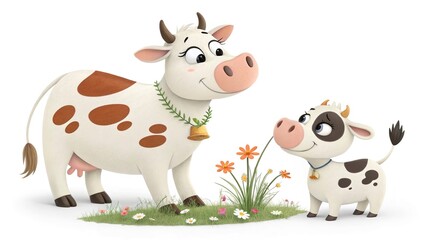 Adorable 3D cartoon dairy cow calf with mother, surrounded by ornamental grass flowers on white.