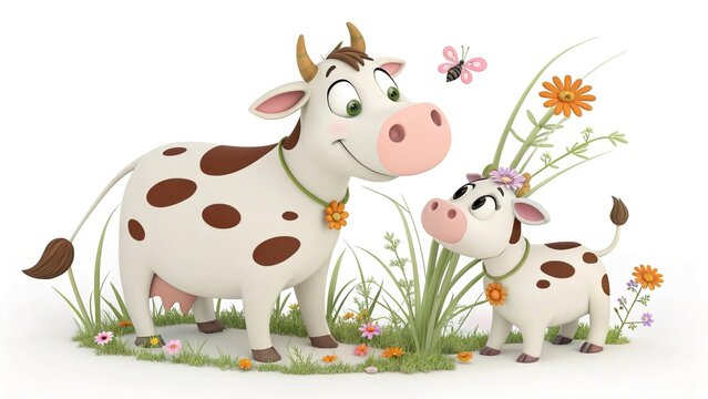 Playful 3D cartoon dairy cow with calf, ornamental grass blooms, isolated on white.