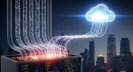 A photorealistic scene of multiple glowing data streams flowing from an old physical server rack into a bright, floating 3D cloud hologram in the sky.