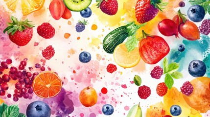 Colorful assortment of floating fruits on watercolor background