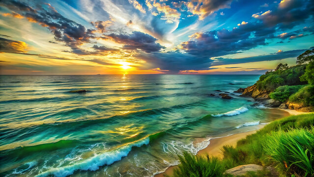 Serene seascape at sunset with teal and green coastal waters