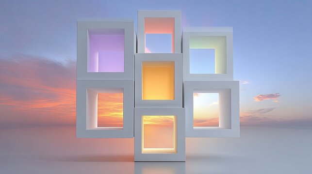 Abstract structure, colorful squares on sunset backdrop
