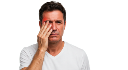 Man experiencing headache or eye strain touching his forehead indicating pain and discomfort symptom -
