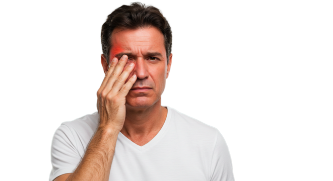 Man experiencing headache or eye strain touching his forehead indicating pain and discomfort symptom -