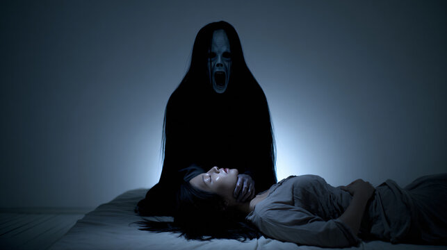 Ghostly Shadow Dark Fearsome Horror Nightmare Eerie Apparition Supernatural Woman Paranormal Thriller Haunted Sleep Chilling Sinister Dread Isolation