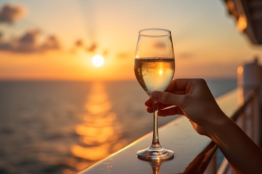 Luxury cruise ship travel champagne glasses on balcony deck with ocean sunset view on vacation. Drinks in sun flare on cruise holiday destination.
