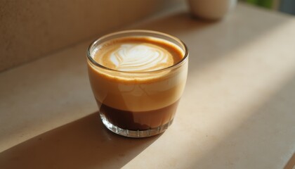 Glass of layered coffee with latte art at cafe table