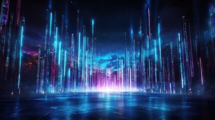 Futuristic cityscape with neon lights at night