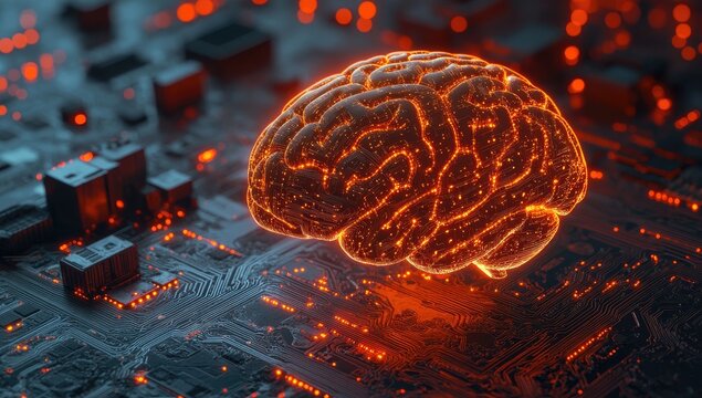 Brain on a circuit board, glowing red