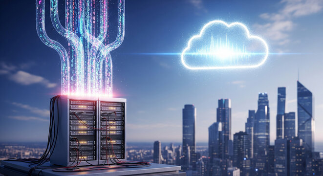 A photorealistic scene of multiple glowing data streams flowing from an old physical server rack into a bright, floating 3D cloud hologram in the sky.