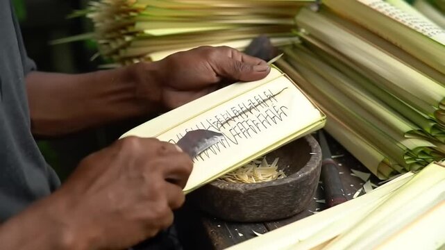 Palm leaf book-making.  Hands craft a text-laden leaf
