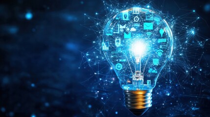 Glowing lightbulb with digital icons in dark environment