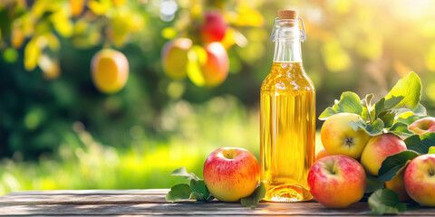 Golden apple cider bottle with ripe apples on wooden table in sunny orchard