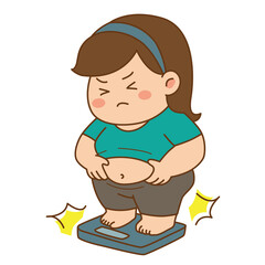 Fat overweight woman standing weighing herself, Illustration cartoon on white background