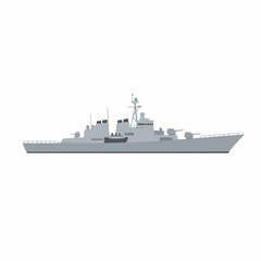Obraz premium Gray Naval Destroyer with Guns and Radar, Side View, Flat Vector