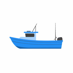 Naklejka premium Blue Fishing Boat with Tall Rod and Outboard Motor