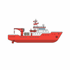 Detailed Red Vessel with Crane and Radar, Side View Illustration