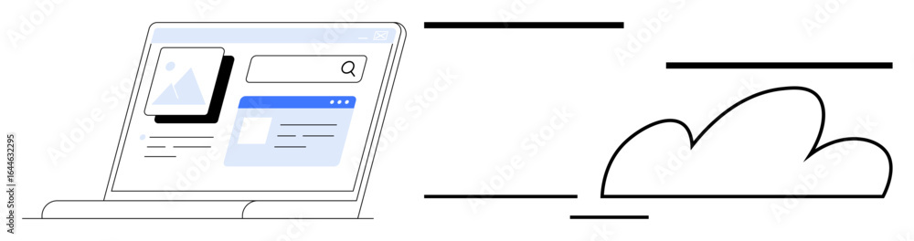 Poster laptop with digital interface, search bar, cloud icon emphasizing connectivity, data sharing, ai int