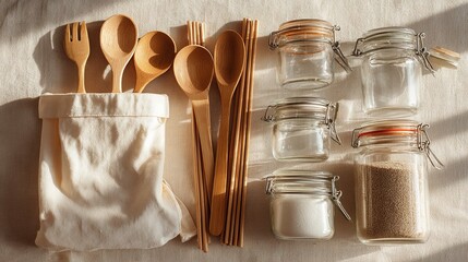 Zero waste lifestyle flat lay shot of sustainable bamboo cutlery, reusable glass jars and organic cotton tote bags on wooden table. Eco-friendly living concept