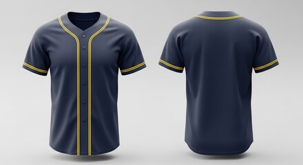 Two views of a navy blue baseball jersey with gold trim, displayed front and back.