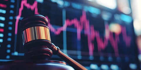Gavel and stock market chart on a digital screen, representing the concept of law working on Wall Street. Mock up an elegant wooden gavel with a blurred background