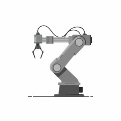 Robotic arm with claw, connected by cables, in a stylized, minimalist design