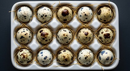 Fresh Quail Eggs in White Carton with Straw, Top View