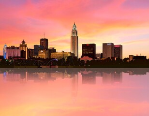 Obraz premium City skyline at sunset, reflected in water
