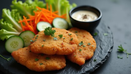 Delicious breaded cutlets with fresh vegetables and sauce
