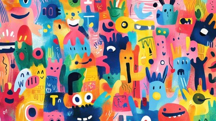 Cheerful cartoon monsters interacting in abstract setting