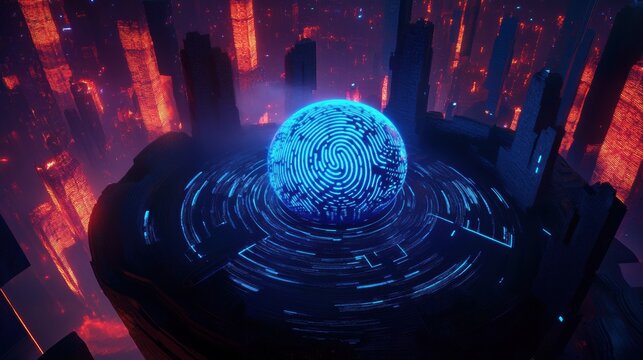 Glowing fingerprint pattern over futuristic city at night