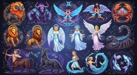 Zodiac signs represented by celestial figures and mythical creatures in vibrant illustrations