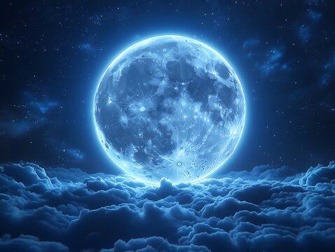 Giant glowing blue moon in the center, against deep blue starry night sky, with craters and luminous patterns on its surface, fluffy textured blue-white clouds below, creating a fantasy night scene