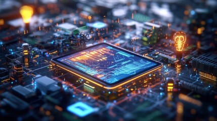 Tablet computer displaying innovative data in futuristic setting