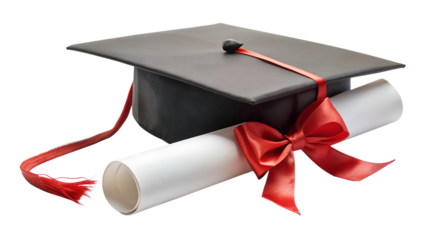 Graduation cap and diploma with red ribbon isolated on transparent background