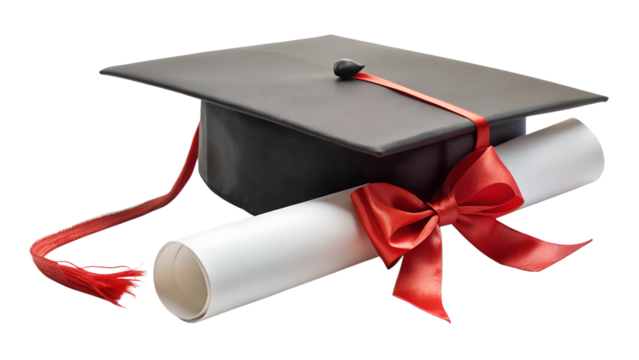 Graduation cap and diploma with red ribbon isolated on transparent background