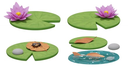 Illustration collection of lily pads with flowers and fish