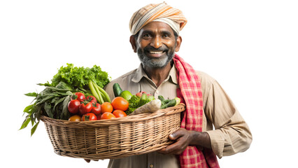 Smiling indian farmer holding a basket of fresh vegetables isolated on transparent background